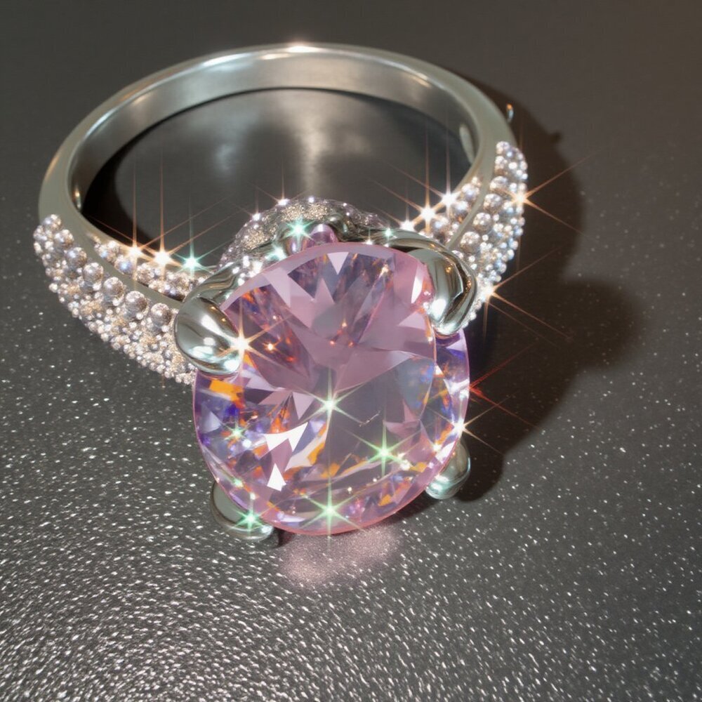 Stunning Sterling Silver Ring With Large Pink Oval Cubic Zirconia & Pave Band